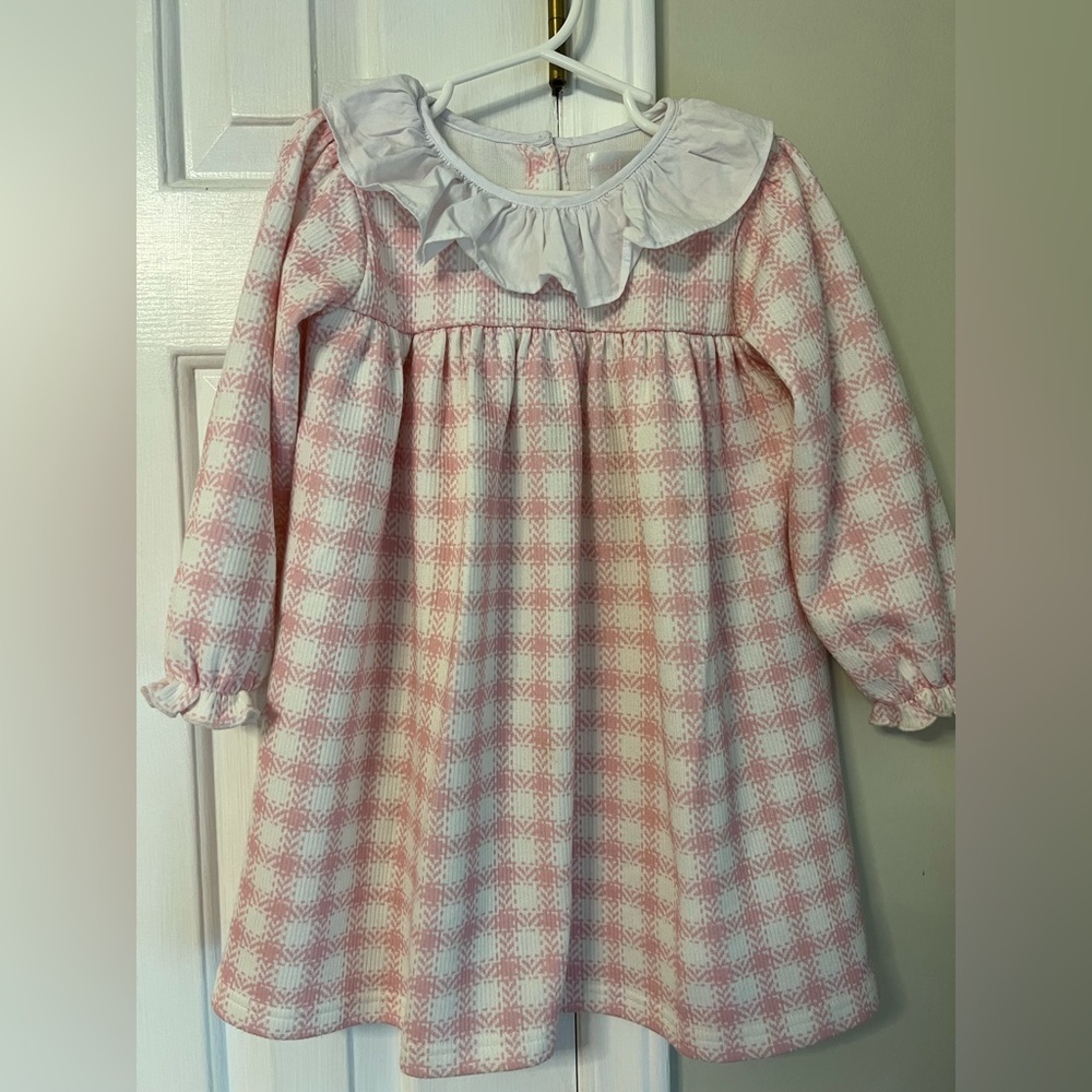 Charming Pink Checkered Kids Dress with Ruffle Collar